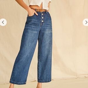 Button fly wide leg ankle jeans